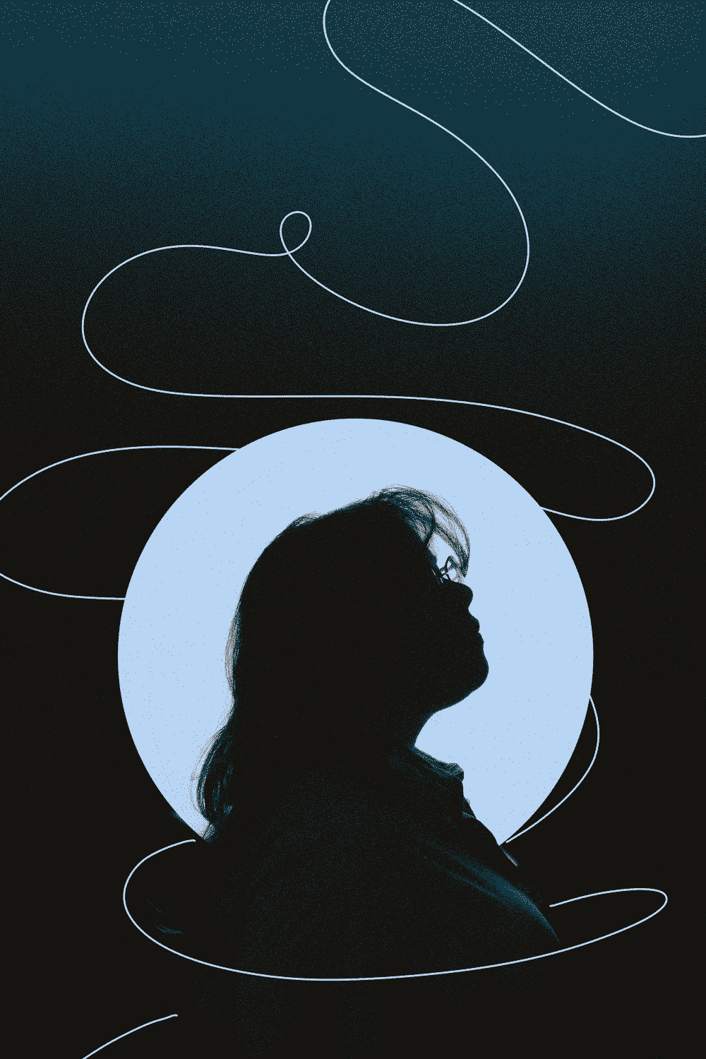 A silhouetted figure looking upward, framed by a pale circle on a dark field, encircled by a single looping line.