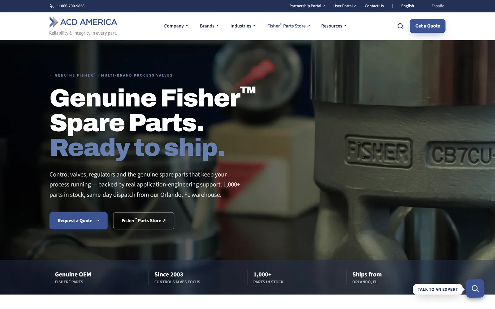 ACD America homepage — "Genuine Fisher Spare Parts. Ready to ship." over industrial valve photography