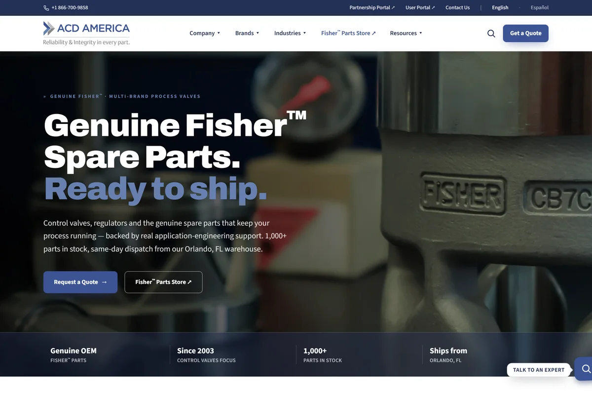 ACD America homepage — "Genuine Fisher Spare Parts. Ready to ship." over industrial valve photography