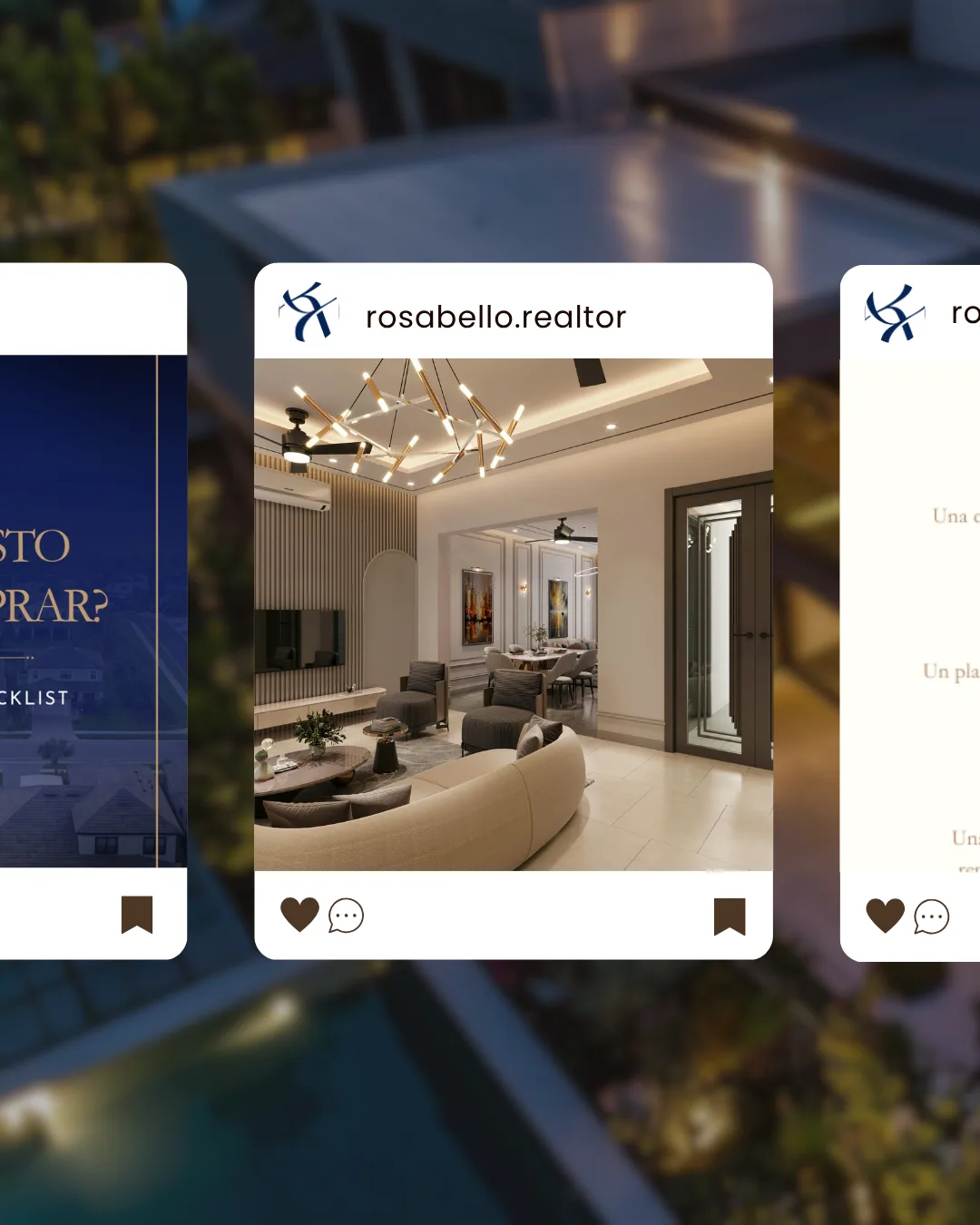 The @rosabello.realtor Instagram feed — branded posts alternating interiors, checklists and quote cards under the monogram.