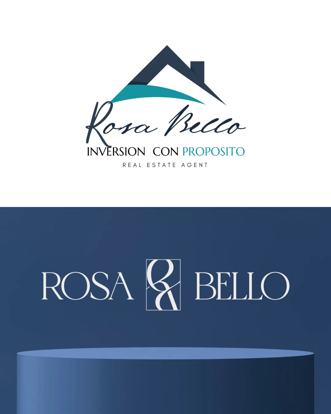 Before and after: the old teal house-and-key logo above the new Rosa Bello serif wordmark and monogram on navy.