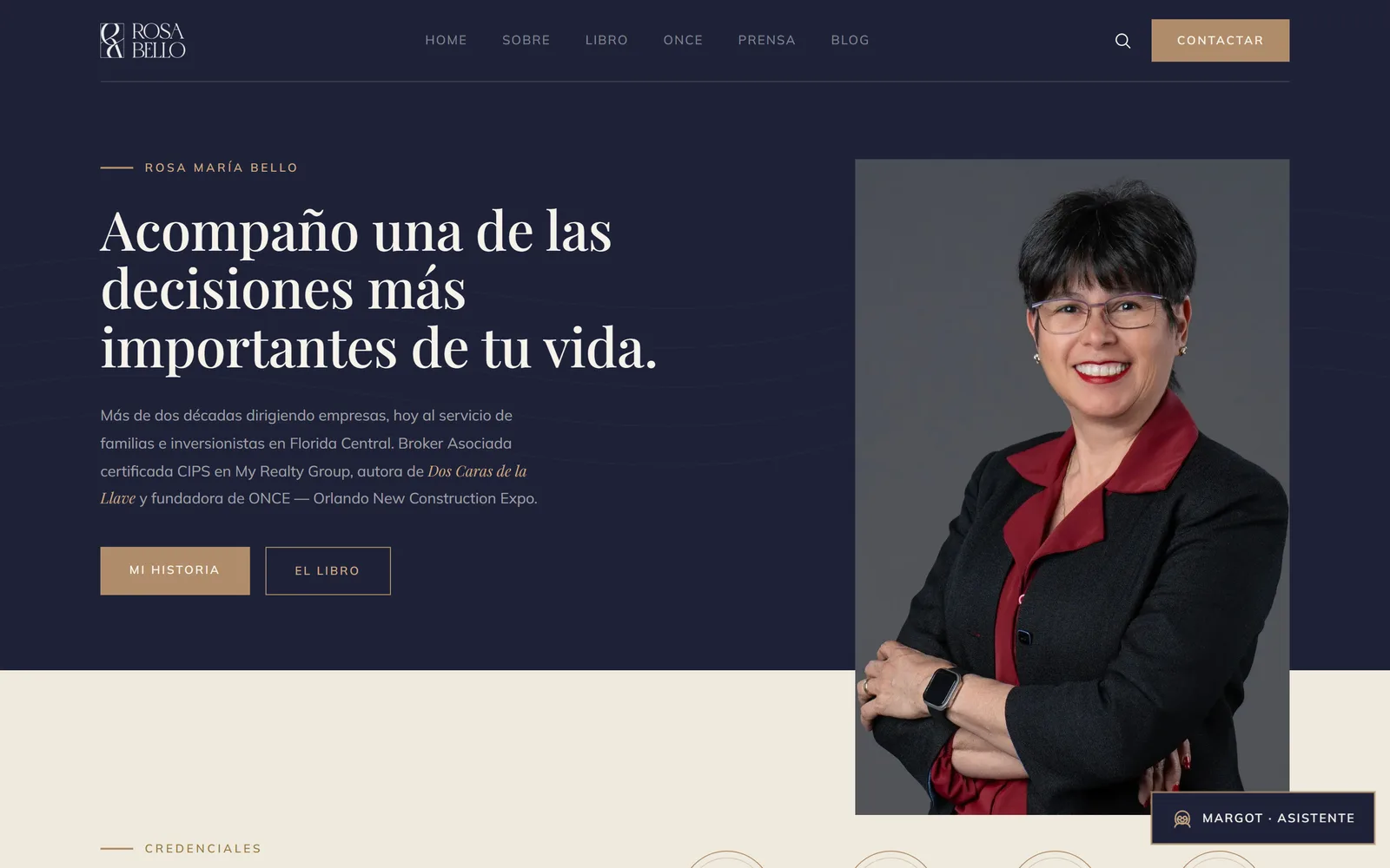Rosa María Bello homepage with portrait and credentials