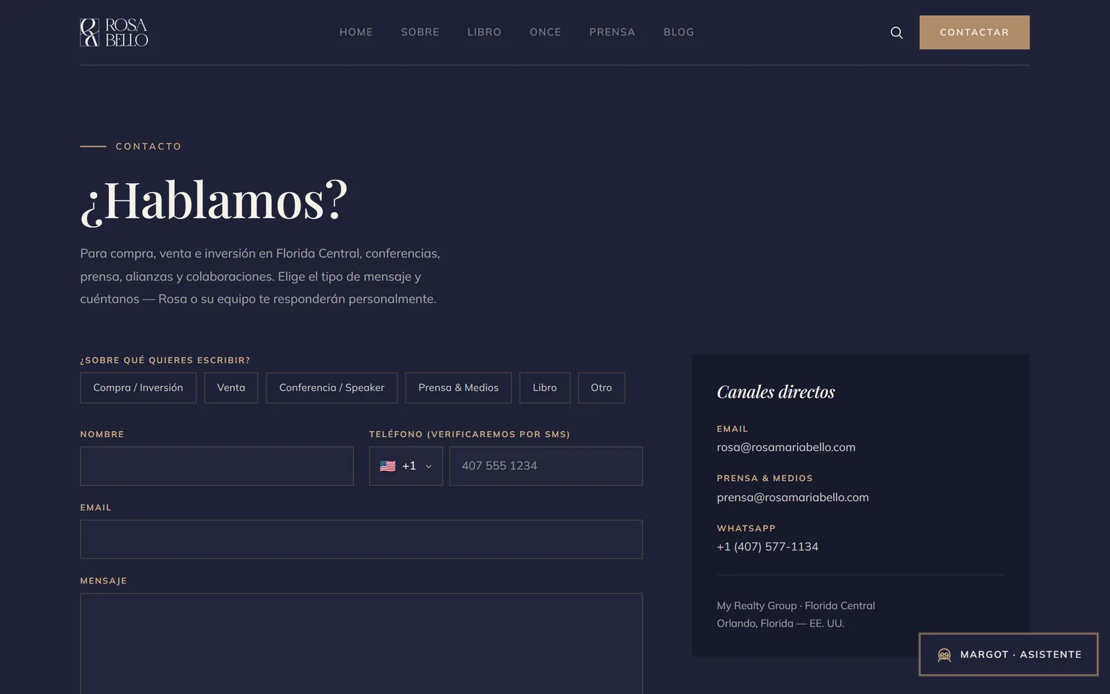 Her contact page, "¿Hablamos?"